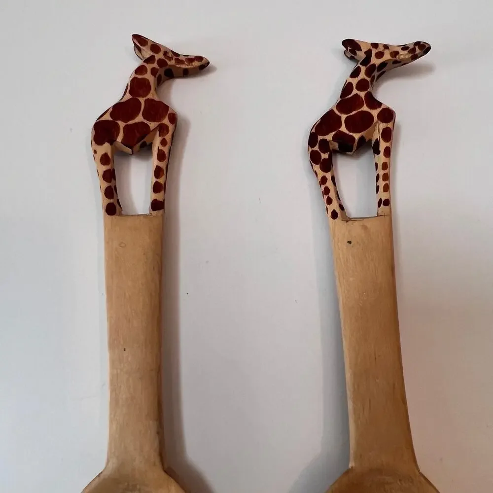 Wood Salad Server Set Giraffe Handle African Safari Spoon‎ Fork Kitchen Handmade